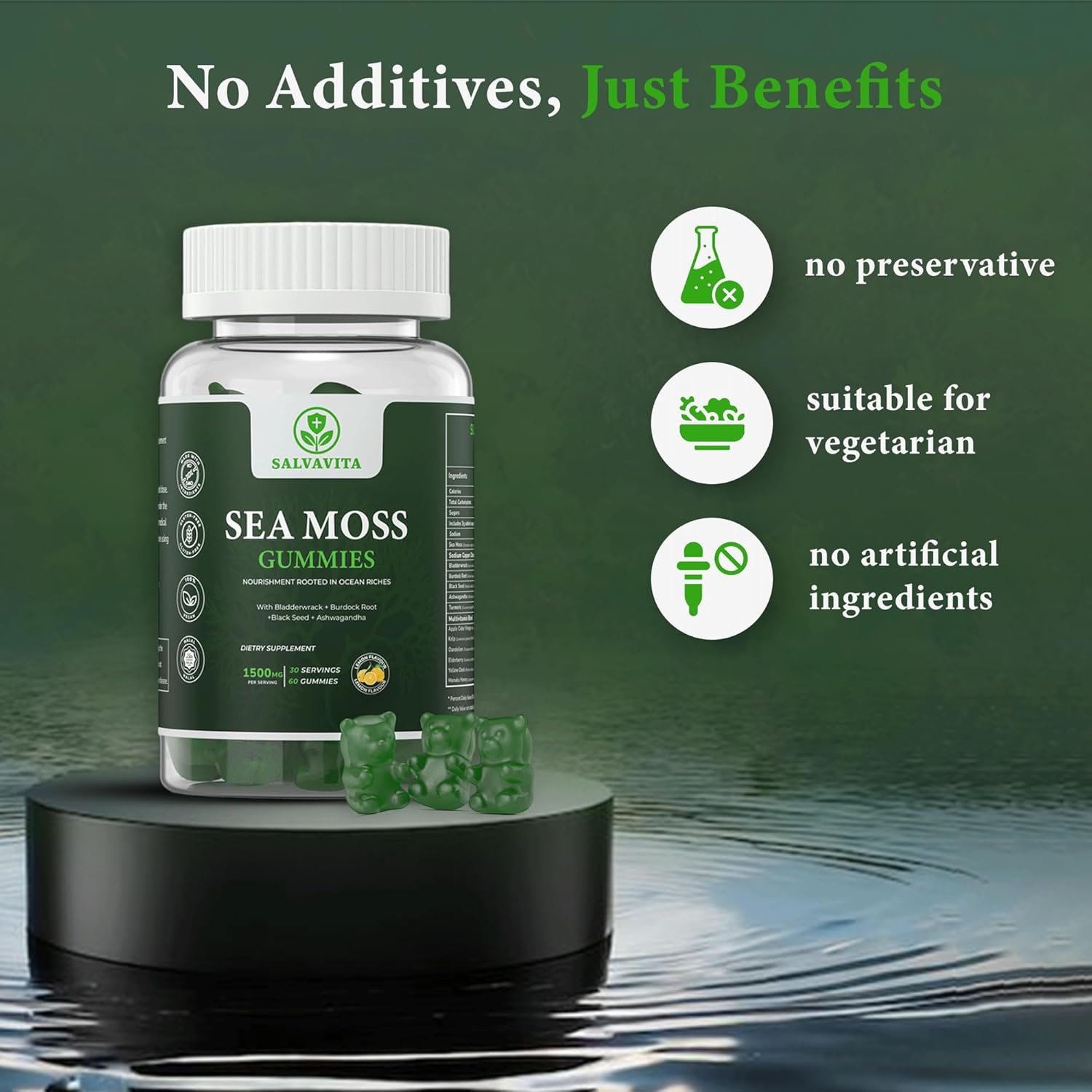 Organic Sea Moss Gummies with Bladderwrack, Burdock Root, Black Seed & Ashwagandha - Lemon Flavor | 1500mg Serving - 60 Gummies