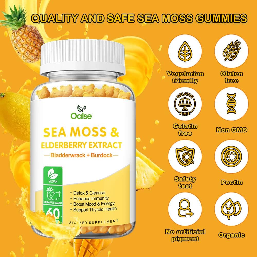 Organic Sea Moss Gummies with Bladderwrack, Burdock Root, Elderberry, Zinc, Vitamin C & D3 - Immune Support & Energy Boost - 2000mg Raw Seamoss - for Adults & Kids - 1-Pack - BoostGo Australia