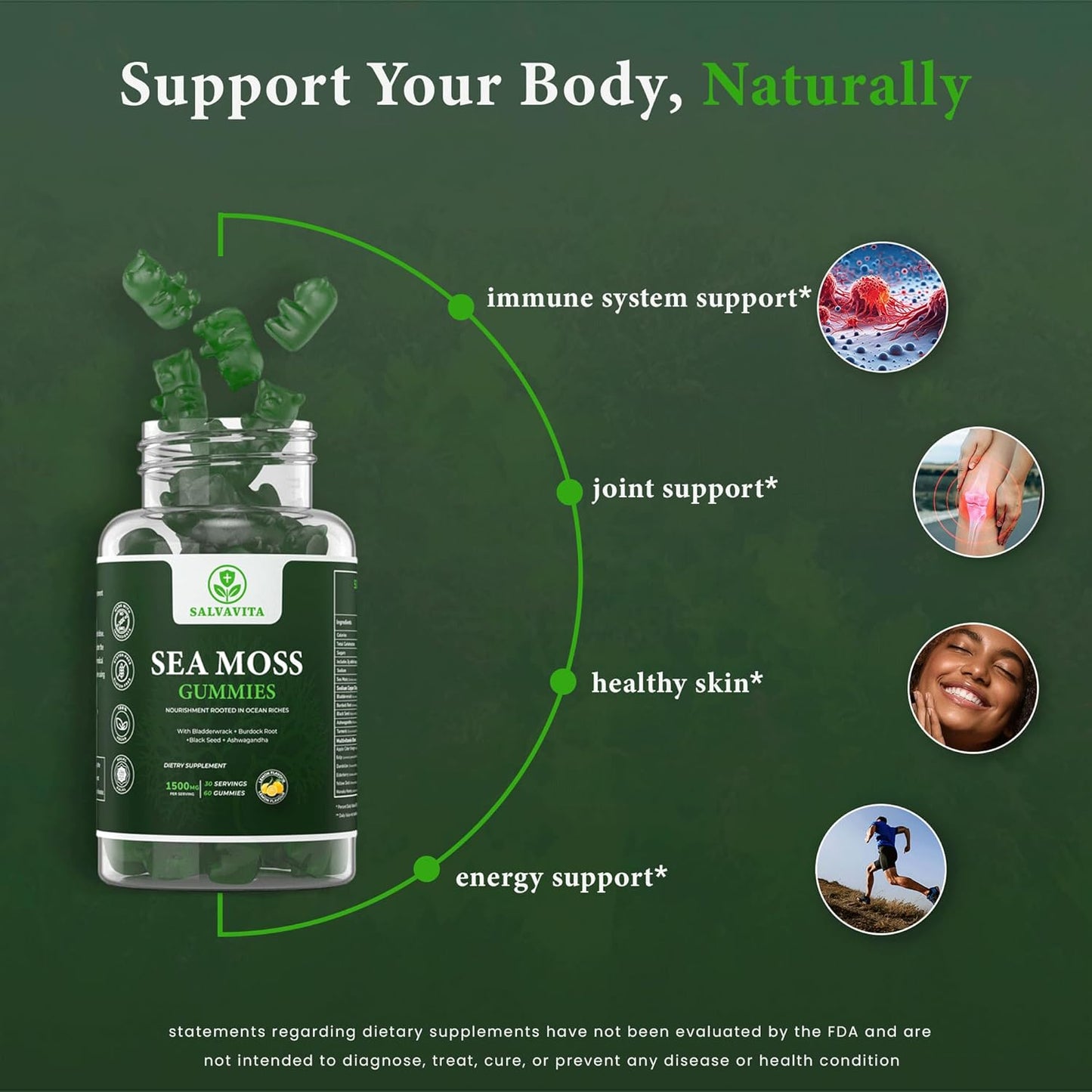 Organic Sea Moss Gummies with Bladderwrack, Burdock Root, Black Seed & Ashwagandha - Lemon Flavor | 1500mg Serving - 60 Gummies