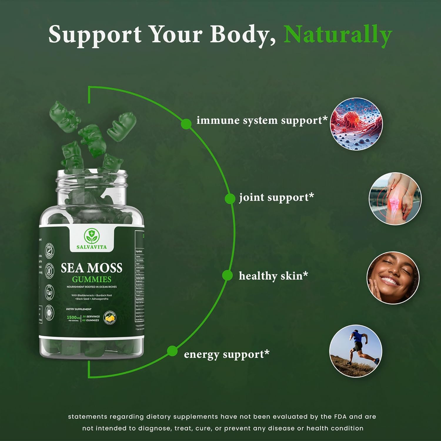 Organic Sea Moss Gummies with Bladderwrack, Burdock Root, Black Seed & Ashwagandha - Lemon Flavor | 1500mg Serving - 60 Gummies