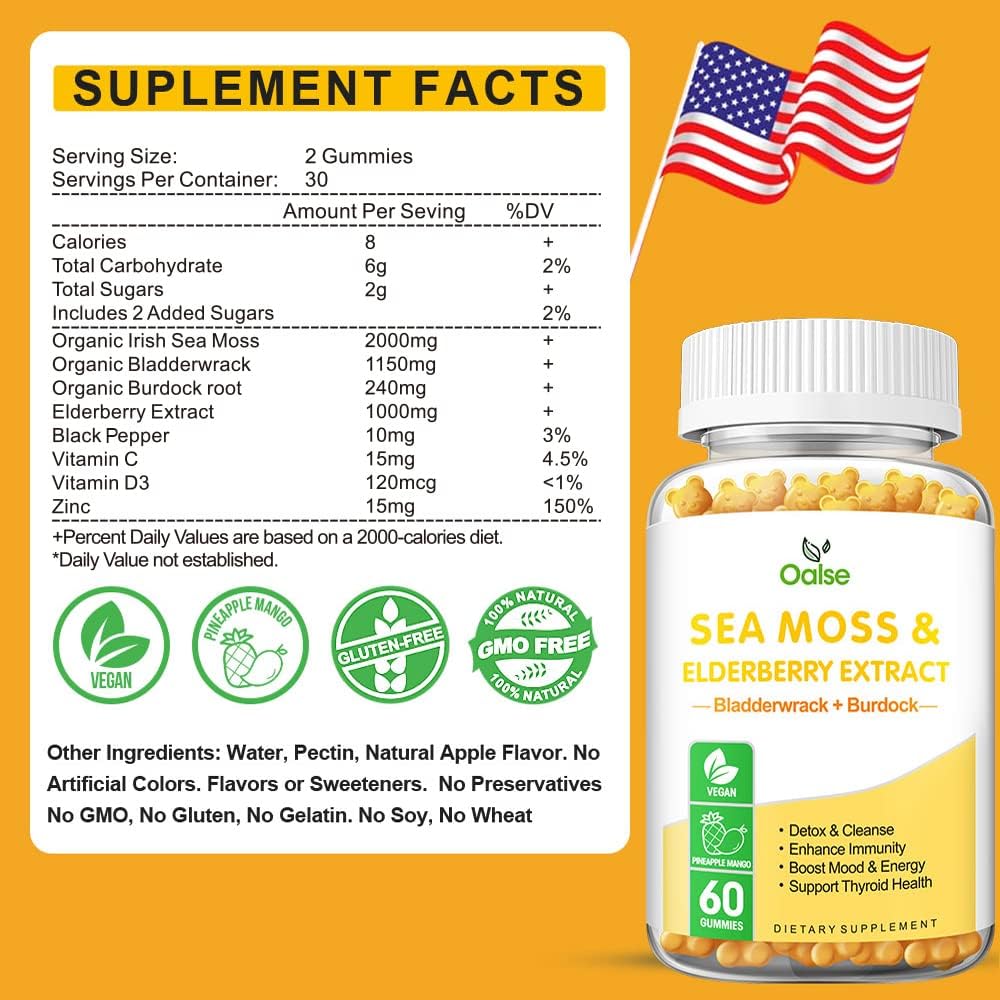 Organic Sea Moss Gummies with Bladderwrack, Burdock Root, Elderberry, Zinc, Vitamin C & D3 - Immune Support & Energy Boost - 2000mg Raw Seamoss - for Adults & Kids - 1-Pack - BoostGo Australia