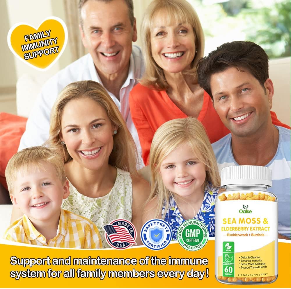 Organic Sea Moss Gummies with Bladderwrack, Burdock Root, Elderberry, Zinc, Vitamin C & D3 - Immune Support & Energy Boost - 2000mg Raw Seamoss - for Adults & Kids - 1-Pack - BoostGo Australia