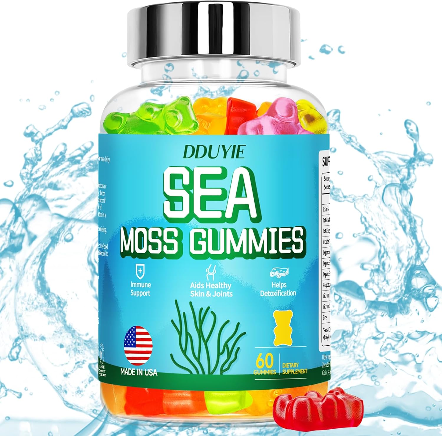 Organic Sea Moss Gummies with Bladderwrack for Immune Support - Vegan 60 Count - Thyroid Health - Vitamin C & D - Adults