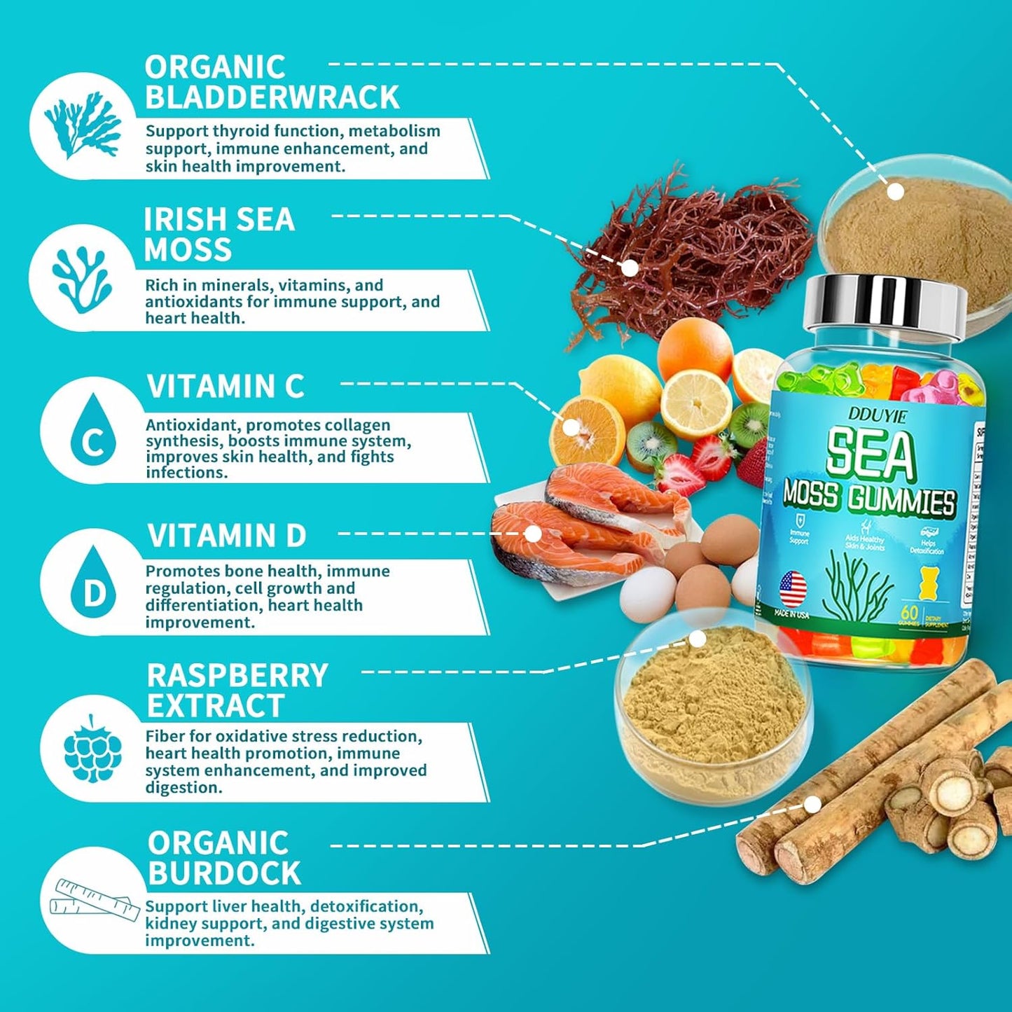 Organic Sea Moss Gummies with Bladderwrack for Immune Support - Vegan 60 Count - Thyroid Health - Vitamin C & D - Adults