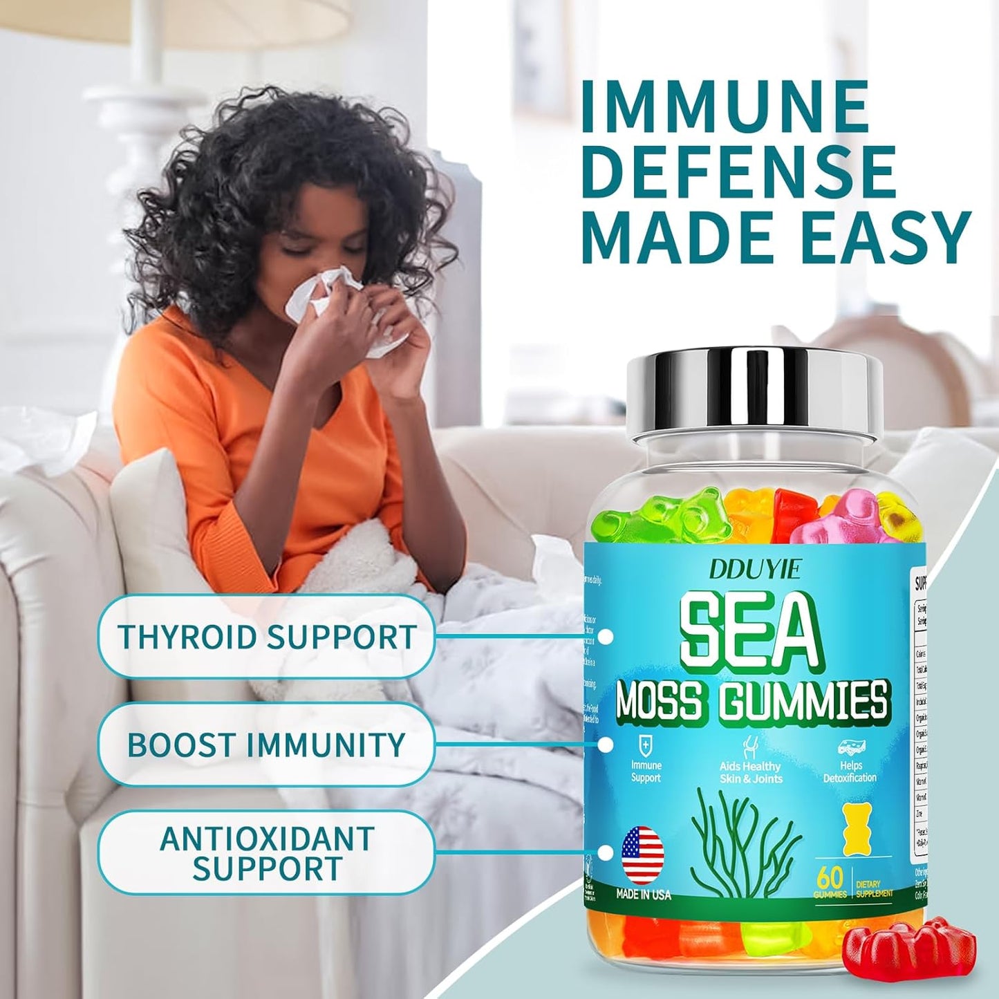 Organic Sea Moss Gummies with Bladderwrack for Immune Support - Vegan 60 Count - Thyroid Health - Vitamin C & D - Adults