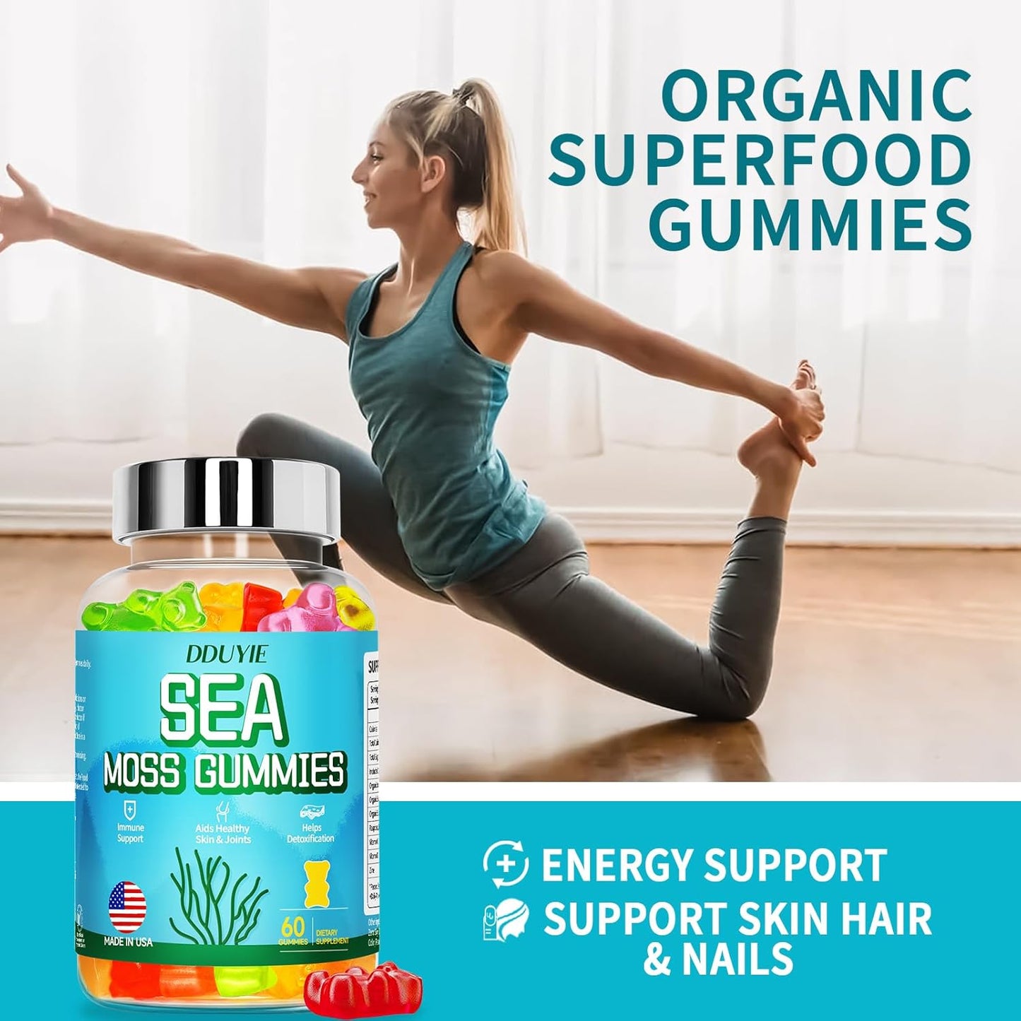 Organic Sea Moss Gummies with Bladderwrack for Immune Support - Vegan 60 Count - Thyroid Health - Vitamin C & D - Adults