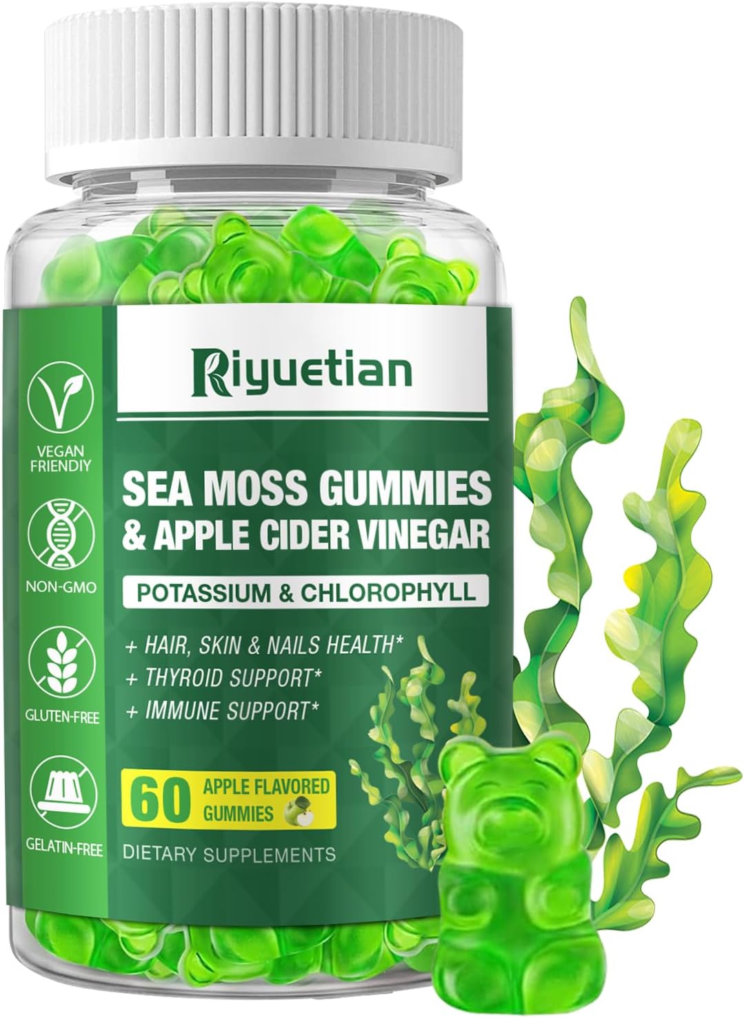 Organic Sea Moss Gummy Bears - Vegan Seamoss Supplement for Energy & Immune Support - 60 Gummies with Bladderwrack & Burdock Root