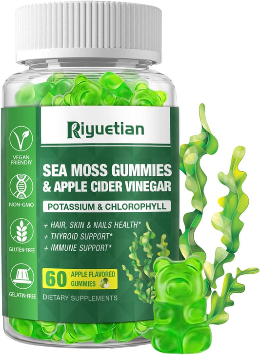 Organic Sea Moss Gummy Bears - Vegan Seamoss Supplement for Energy & Immune Support - 60 Gummies with Bladderwrack & Burdock Root