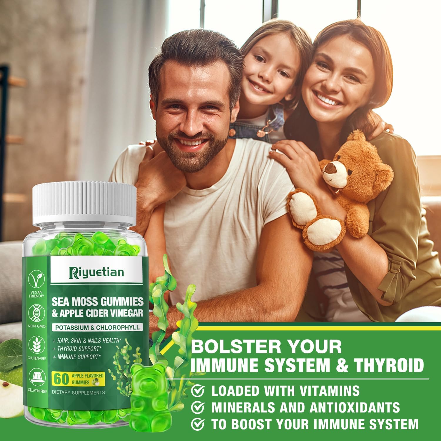 Organic Sea Moss Gummy Bears - Vegan Seamoss Supplement for Energy & Immune Support - 60 Gummies with Bladderwrack & Burdock Root