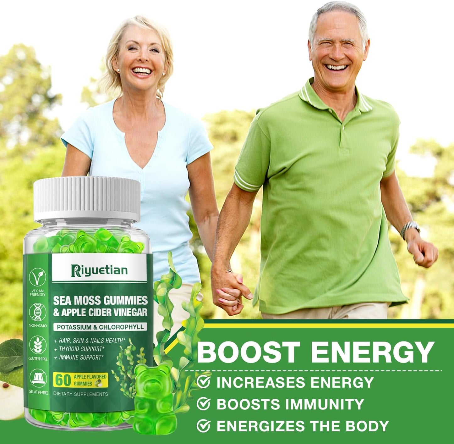 Organic Sea Moss Gummy Bears - Vegan Seamoss Supplement for Energy & Immune Support - 60 Gummies with Bladderwrack & Burdock Root