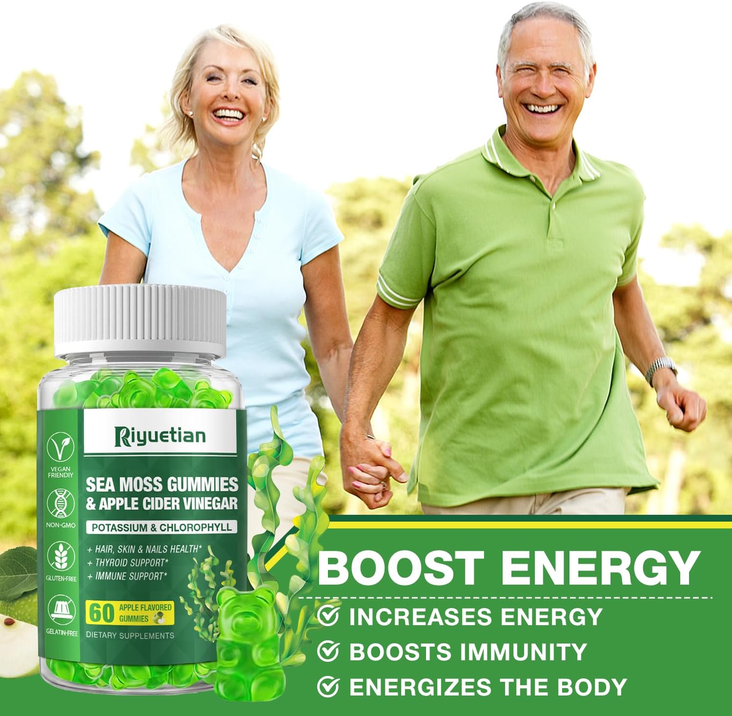 Organic Sea Moss Gummy Bears - Vegan Seamoss Supplement for Energy & Immune Support - 60 Gummies with Bladderwrack & Burdock Root