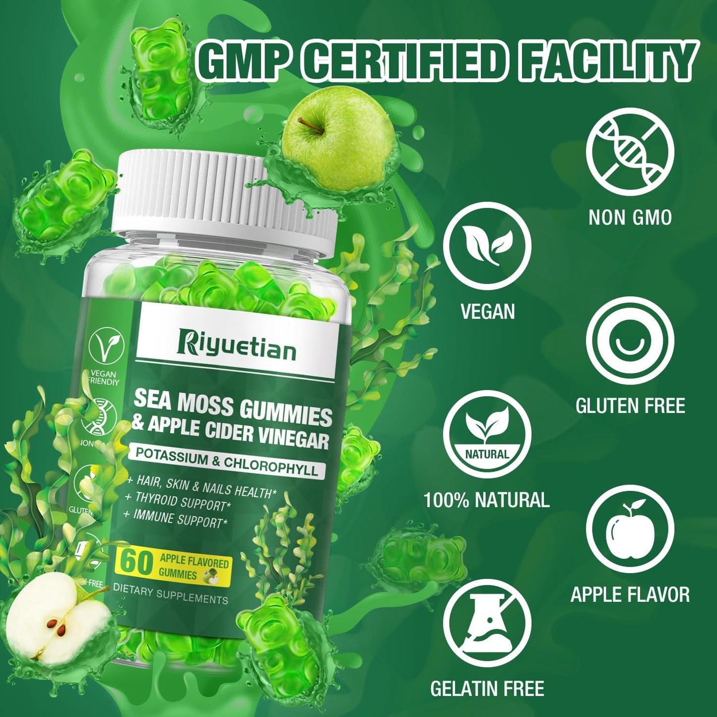 Organic Sea Moss Gummy Bears - Vegan Seamoss Supplement for Energy & Immune Support - 60 Gummies with Bladderwrack & Burdock Root