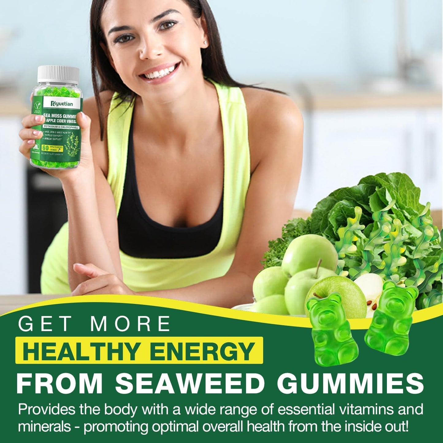 Organic Sea Moss Gummy Bears - Vegan Seamoss Supplement for Energy & Immune Support - 60 Gummies with Bladderwrack & Burdock Root