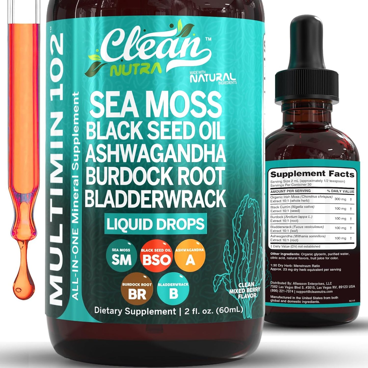 Organic Sea Moss Liquid Drops Supplement with Black Seed Oil, Ashwagandha, Burdock Root, and Bladderwrack - Multimineral Vegan Formula for Gut Health, Skin, and Immune Support
