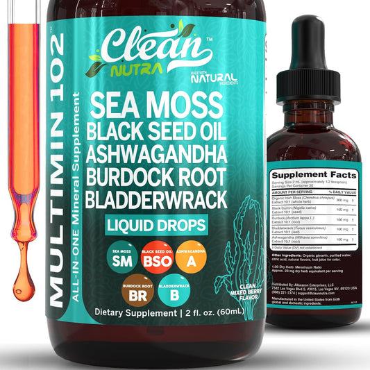 Organic Sea Moss Liquid Drops Supplement with Black Seed Oil, Ashwagandha, Burdock Root, and Bladderwrack - Multimineral Vegan Formula for Gut Health, Skin, and Immune Support