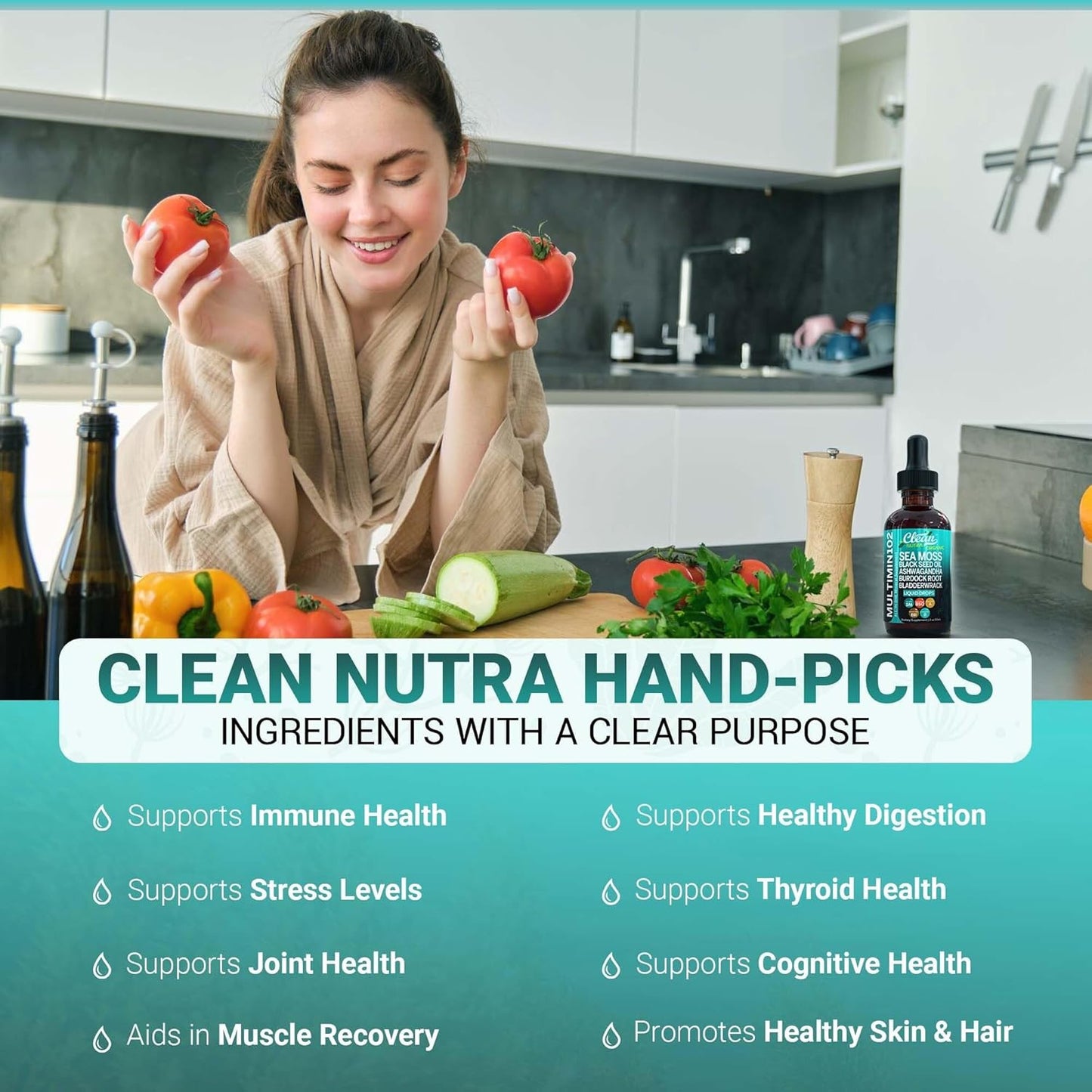 Organic Sea Moss Liquid Drops Supplement with Black Seed Oil, Ashwagandha, Burdock Root, and Bladderwrack - Multimineral Vegan Formula for Gut Health, Skin, and Immune Support