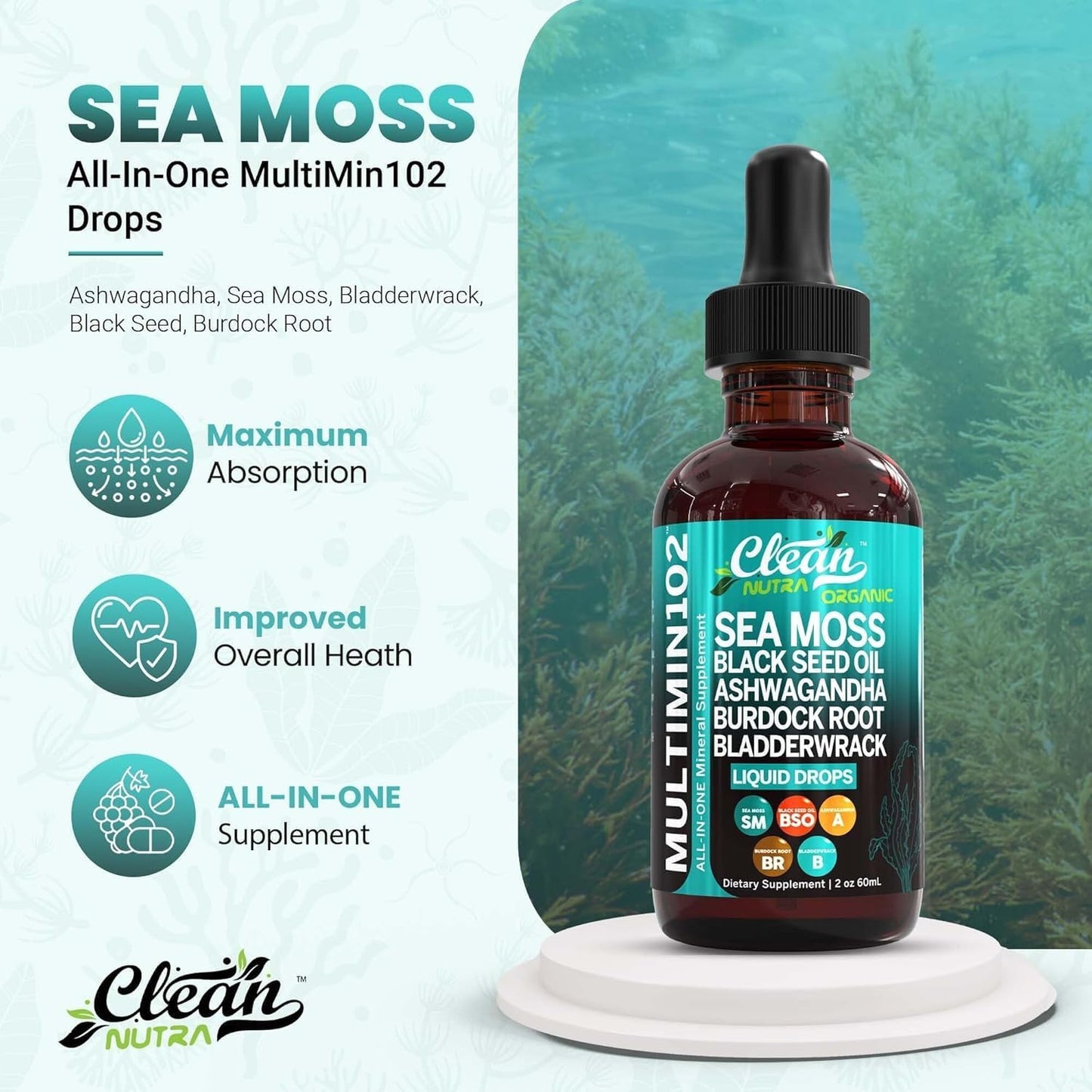 Organic Sea Moss Liquid Drops Supplement with Black Seed Oil, Ashwagandha, Burdock Root, and Bladderwrack - Multimineral Vegan Formula for Gut Health, Skin, and Immune Support
