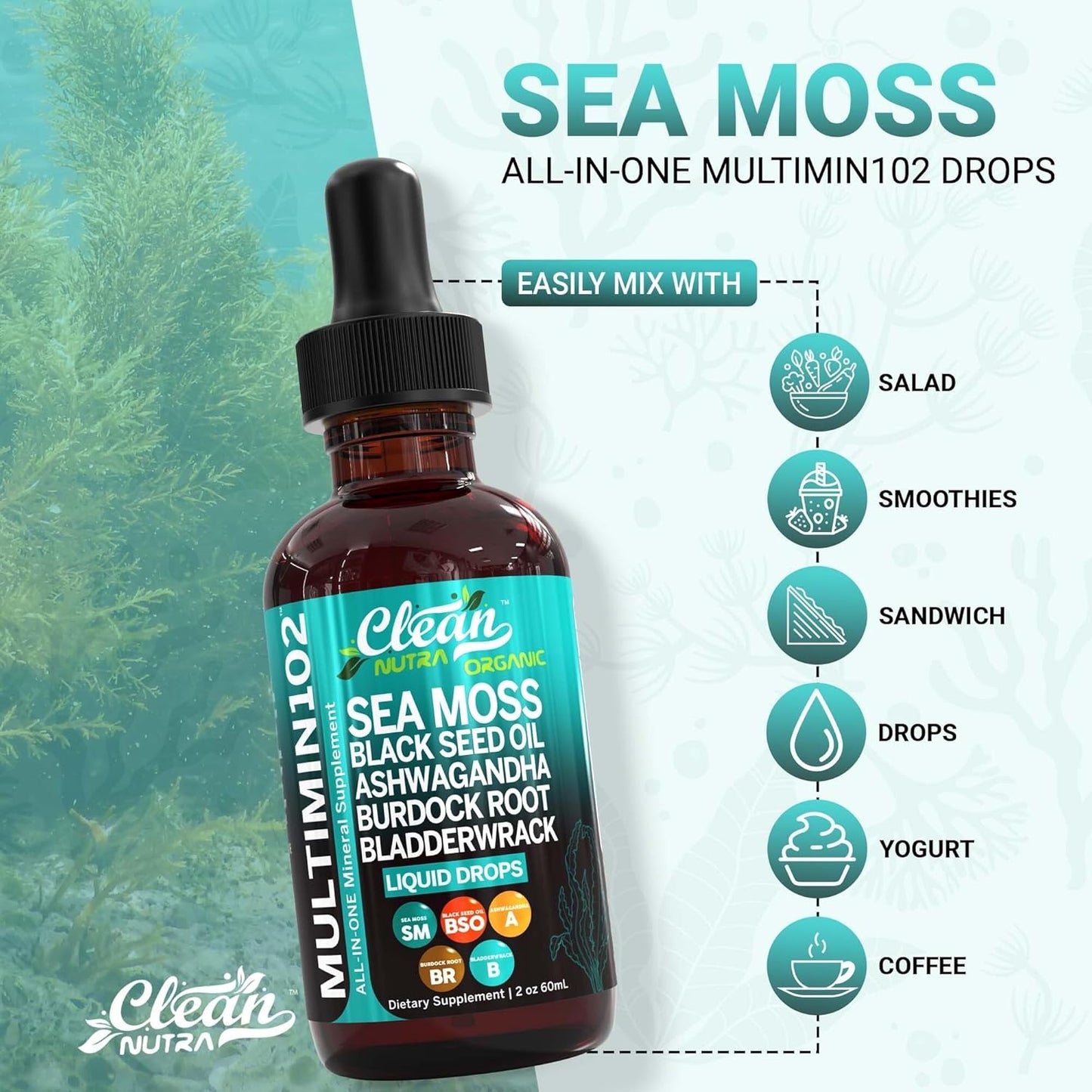 Organic Sea Moss Liquid Drops Supplement with Black Seed Oil, Ashwagandha, Burdock Root, and Bladderwrack - Multimineral Vegan Formula for Gut Health, Skin, and Immune Support