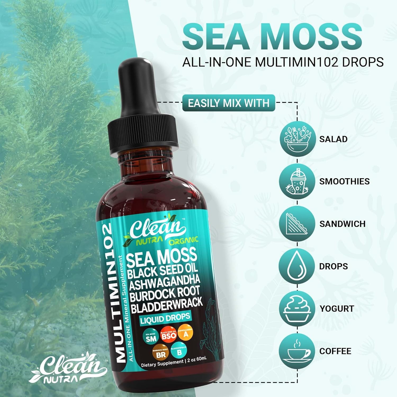 Organic Sea Moss Liquid Drops Supplement with Black Seed Oil, Ashwagandha, Burdock Root, and Bladderwrack - Multimineral Vegan Formula for Gut Health, Skin, and Immune Support