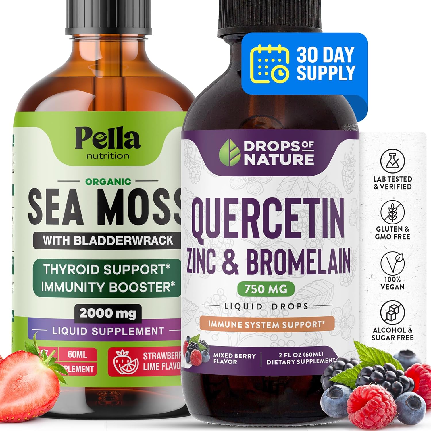 Organic Sea Moss & Quercetin Liquid Drops Bundle - 750mg & 1000mg - Pella Nutrition Drops Of Nature