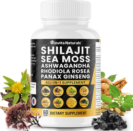 Organic Sea Moss Shilajit Capsules with Ashwagandha, Ginseng, Cordyceps, Zinc, Fulvic Acid & Trace Minerals - 10,000mg Himalayan Shilajit - USA Made