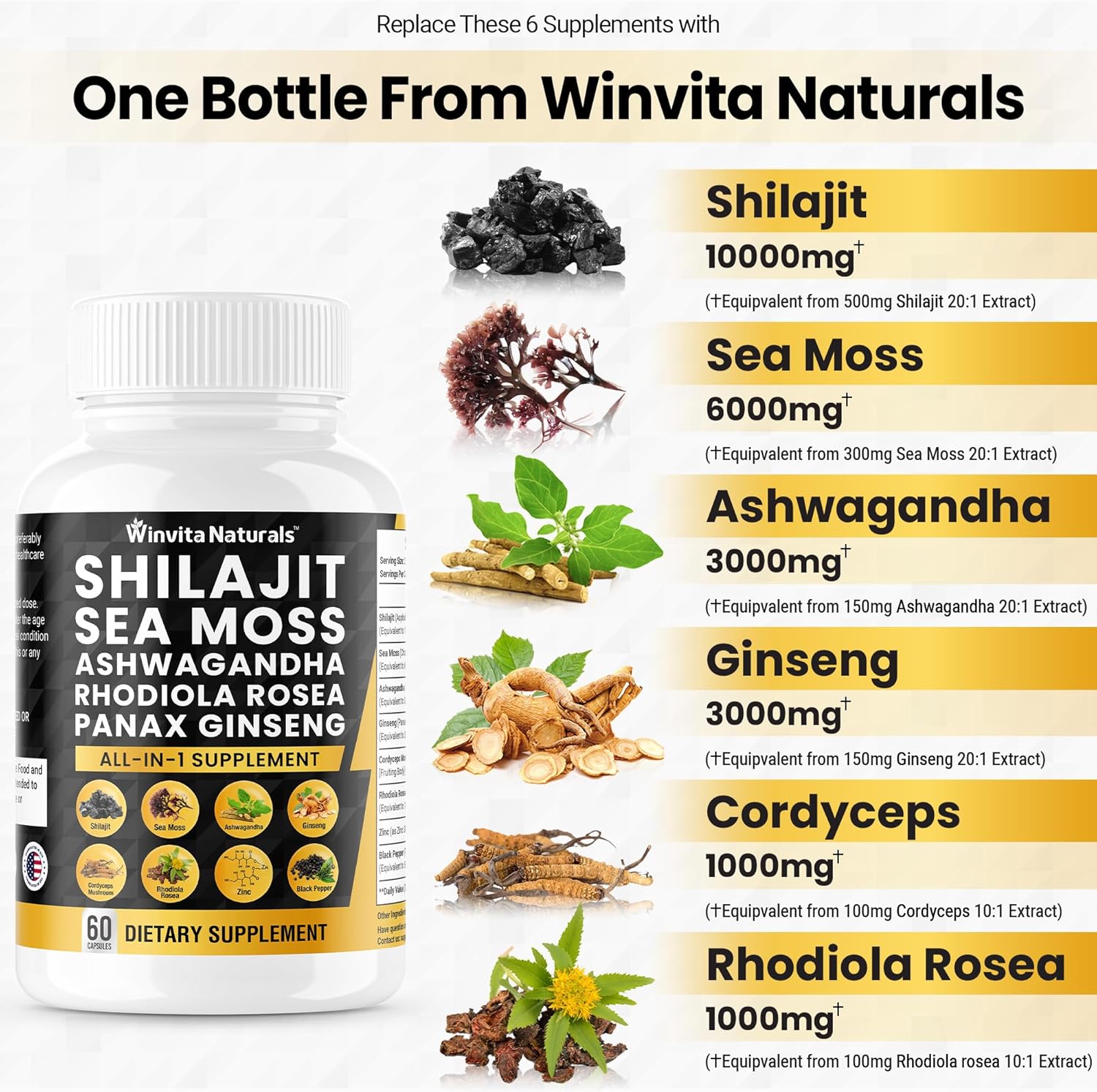 Organic Sea Moss Shilajit Capsules with Ashwagandha, Ginseng, Cordyceps, Zinc, Fulvic Acid & Trace Minerals - 10,000mg Himalayan Shilajit - USA Made