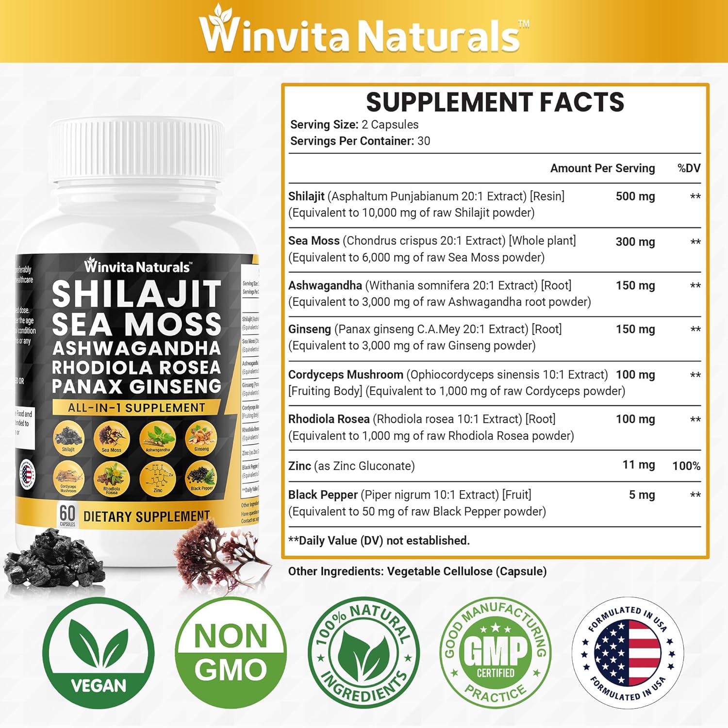 Organic Sea Moss Shilajit Capsules with Ashwagandha, Ginseng, Cordyceps, Zinc, Fulvic Acid & Trace Minerals - 10,000mg Himalayan Shilajit - USA Made