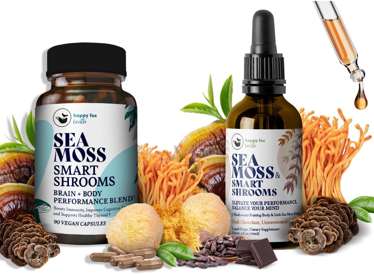 Organic Sea Moss & Smart Shrooms Brain Superfoods Bundle - Memory & Focus Supplements, Capsules & Liquid Drops, Chocolate Flavor