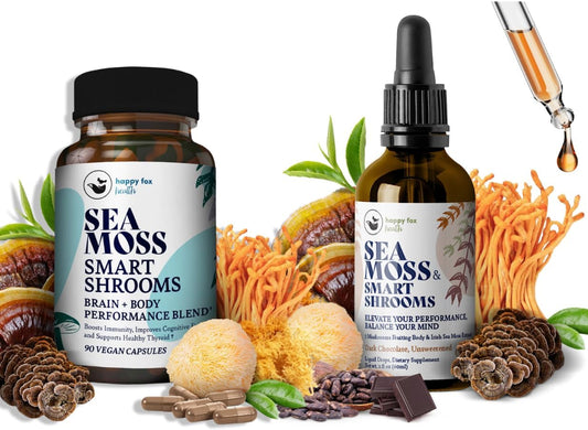 Organic Sea Moss & Smart Shrooms Brain Superfoods Bundle - Memory & Focus Supplements, Capsules & Liquid Drops, Chocolate Flavor