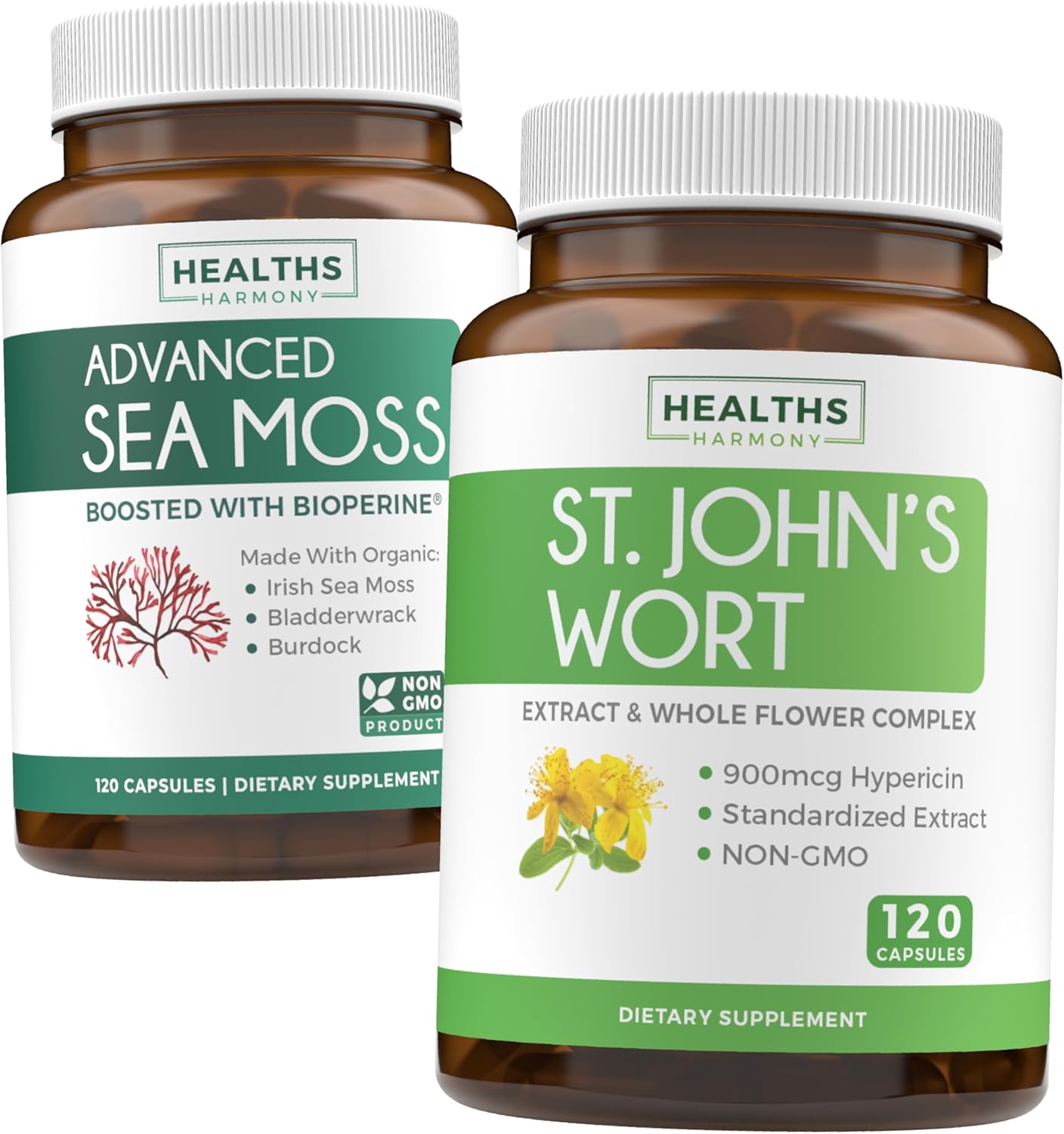 Organic Sea Moss & St. John's Wort Mood Blend - Vegan Supplement (240 Caps) - Raw Irish Sea Moss & Hypericin - Non-GMO