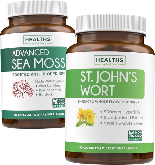 Organic Sea Moss & St. John's Wort Mood Support Blend (2-Month Supply) - Vegan Non-GMO Supplement with 900mcg Hypericin - 180 Capsules