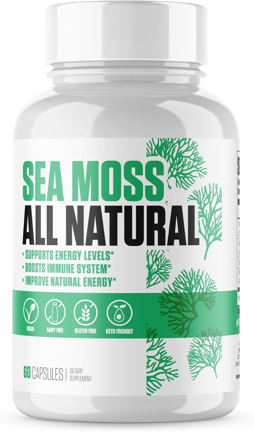 Organic Sea Moss Supplement with Bladderwrack, Burdock & BioPerine | Boost Energy and Immune Health with All-Natural Irish Sea Moss Capsules | Vegan-Friendly - 60 Count