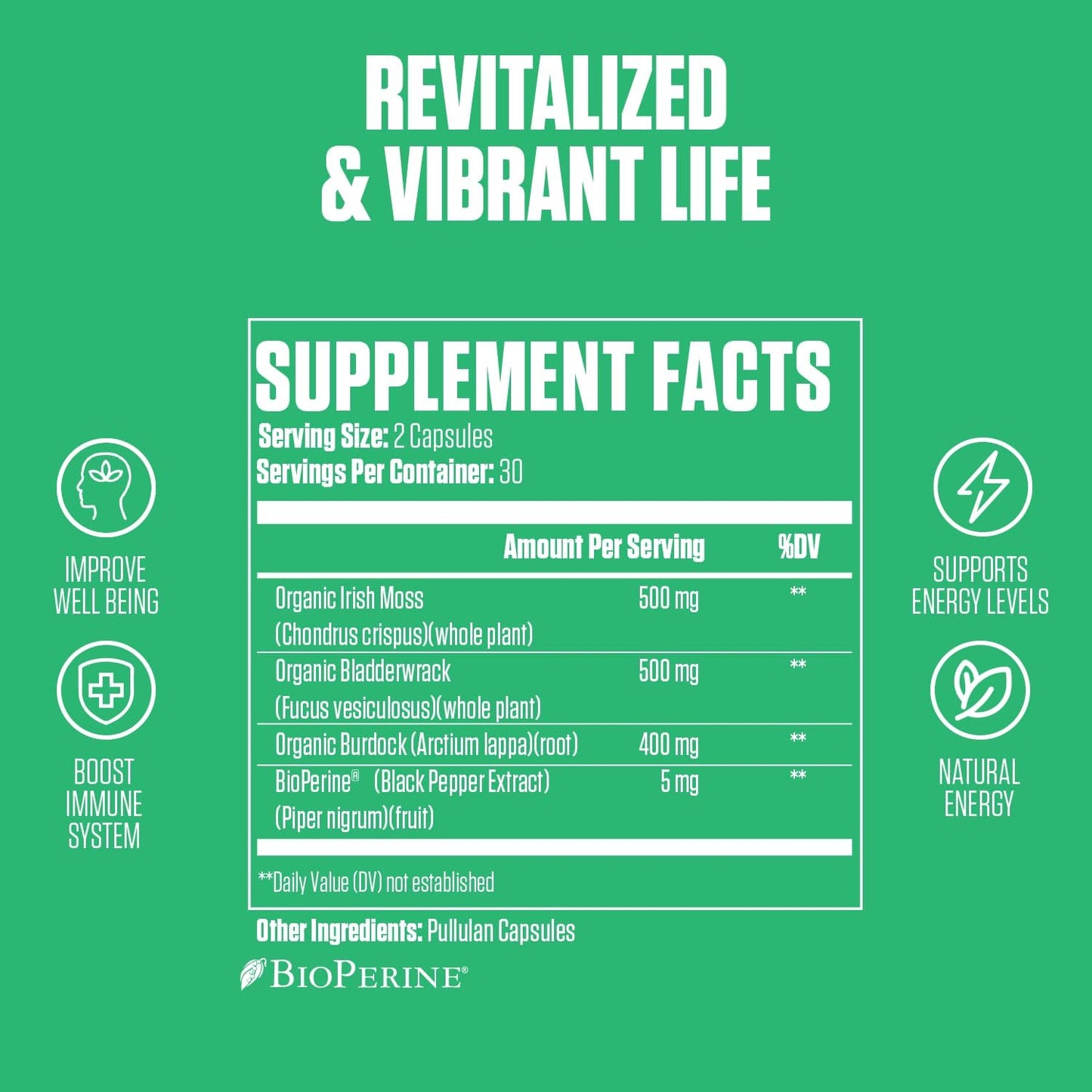 Organic Sea Moss Supplement with Bladderwrack, Burdock & BioPerine | Boost Energy and Immune Health with All-Natural Irish Sea Moss Capsules | Vegan-Friendly - 60 Count