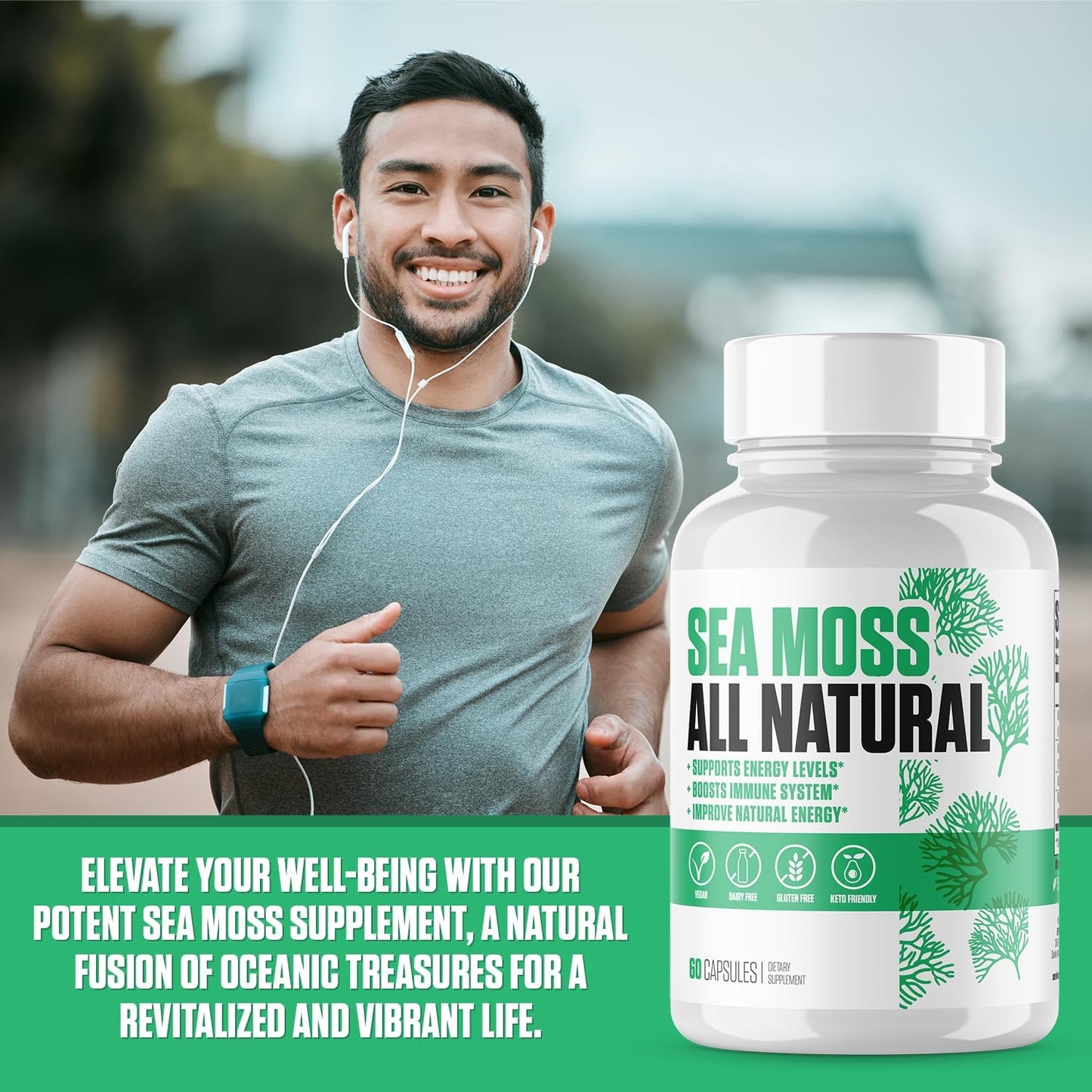 Organic Sea Moss Supplement with Bladderwrack, Burdock & BioPerine | Boost Energy and Immune Health with All-Natural Irish Sea Moss Capsules | Vegan-Friendly - 60 Count