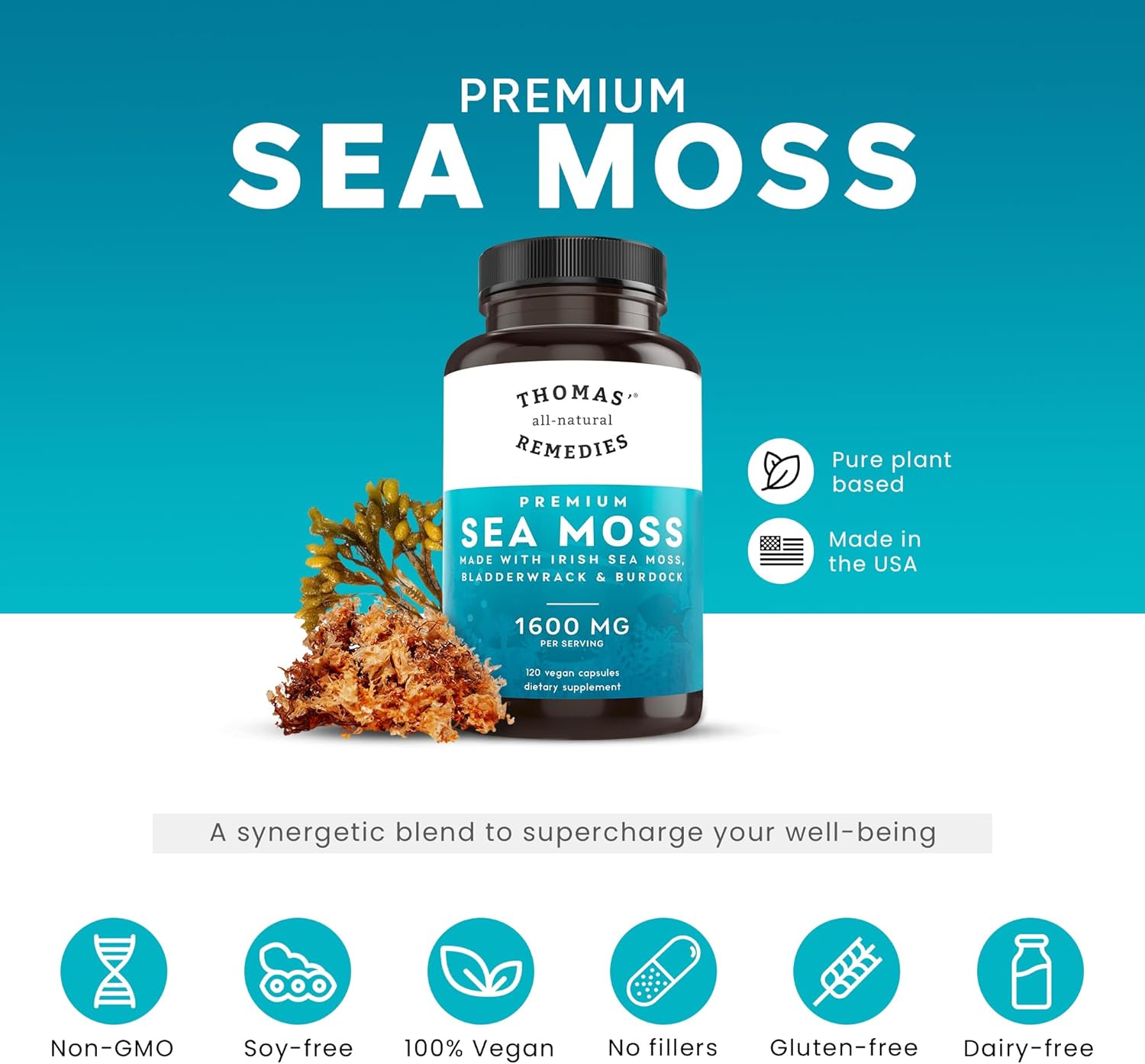Organic Sea Moss with Burdock and Bladderwrack Capsules - Immune & Digestive Health Support, Keto Detox, Energy & Joint Support - 120 Count