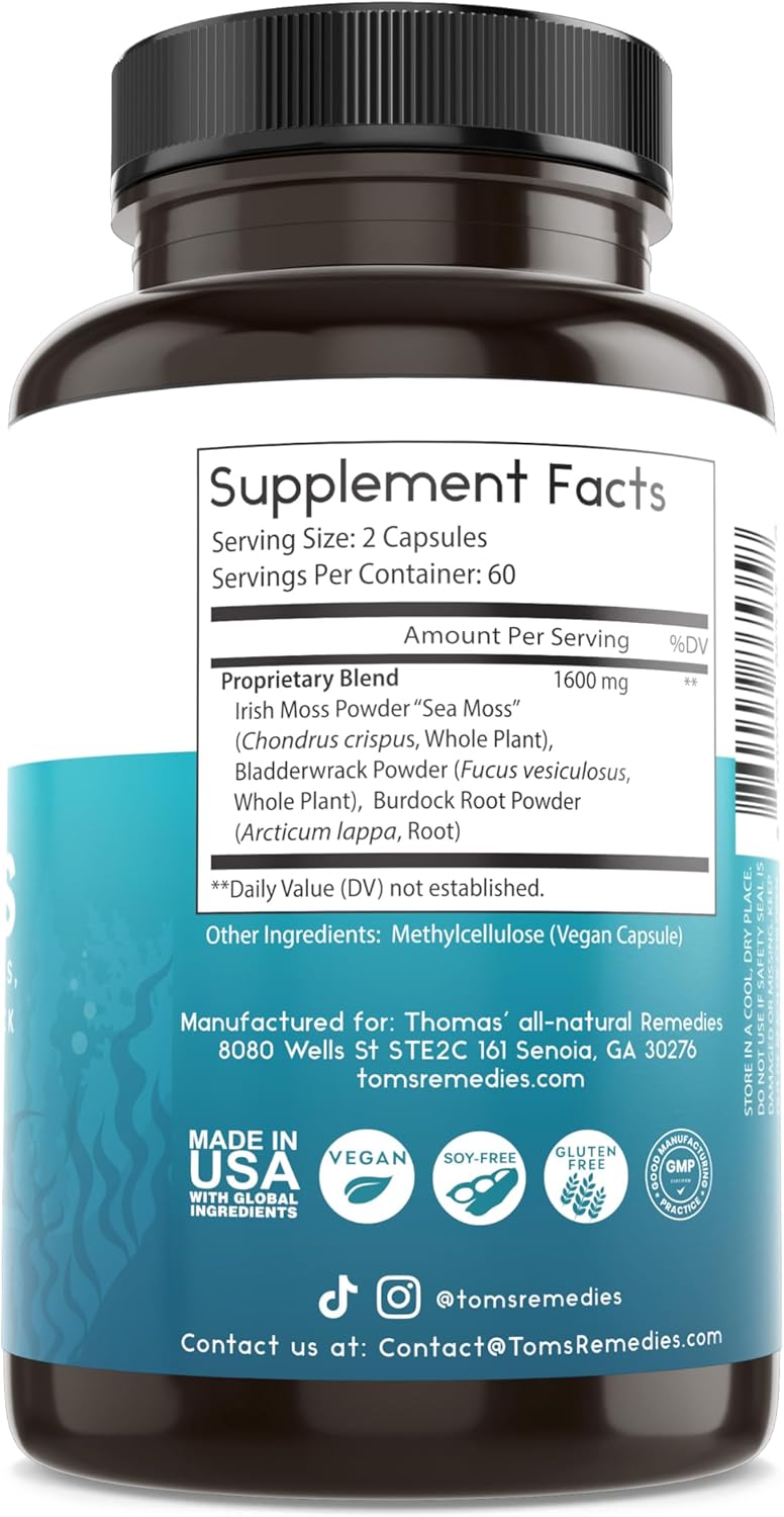 Organic Sea Moss with Burdock and Bladderwrack Capsules - Immune & Digestive Health Support, Keto Detox, Energy & Joint Support - 120 Count