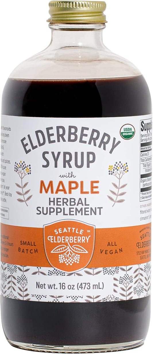 Organic Seattle Elderberry and Maple Syrup - Vegan, Gluten-Free Herbal Supplement for Immune Support - Small Batch, USA-Made 16oz