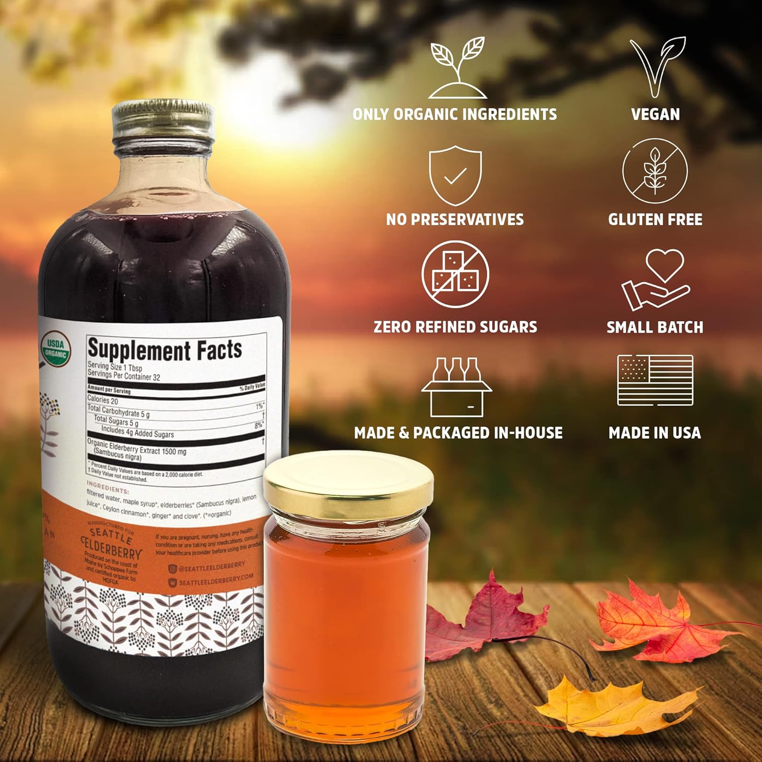Organic Seattle Elderberry and Maple Syrup - Vegan, Gluten-Free Herbal Supplement for Immune Support - Small Batch, USA-Made 16oz