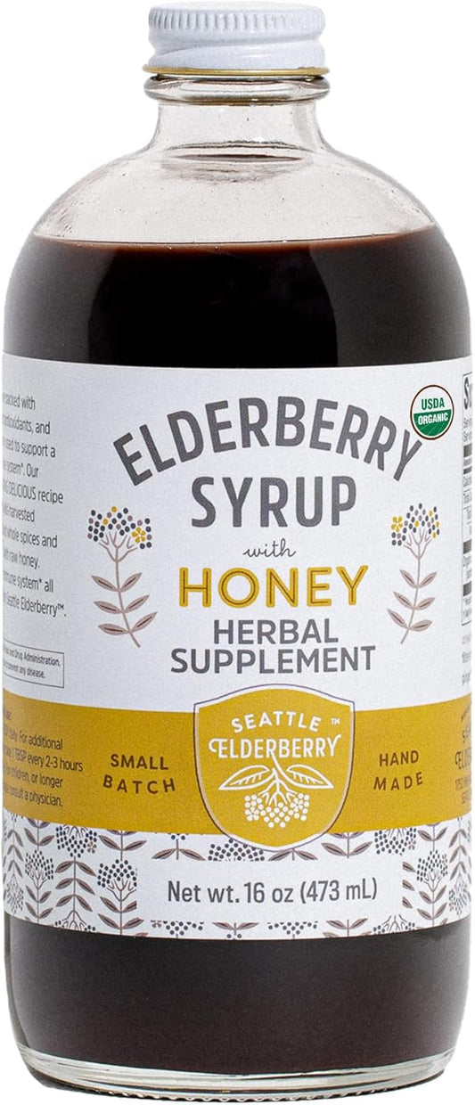 Organic Seattle Elderberry Syrup with Raw Honey - Gluten-Free Immune-Boosting Herbal Supplement - Small Batch USA-Made - 16oz