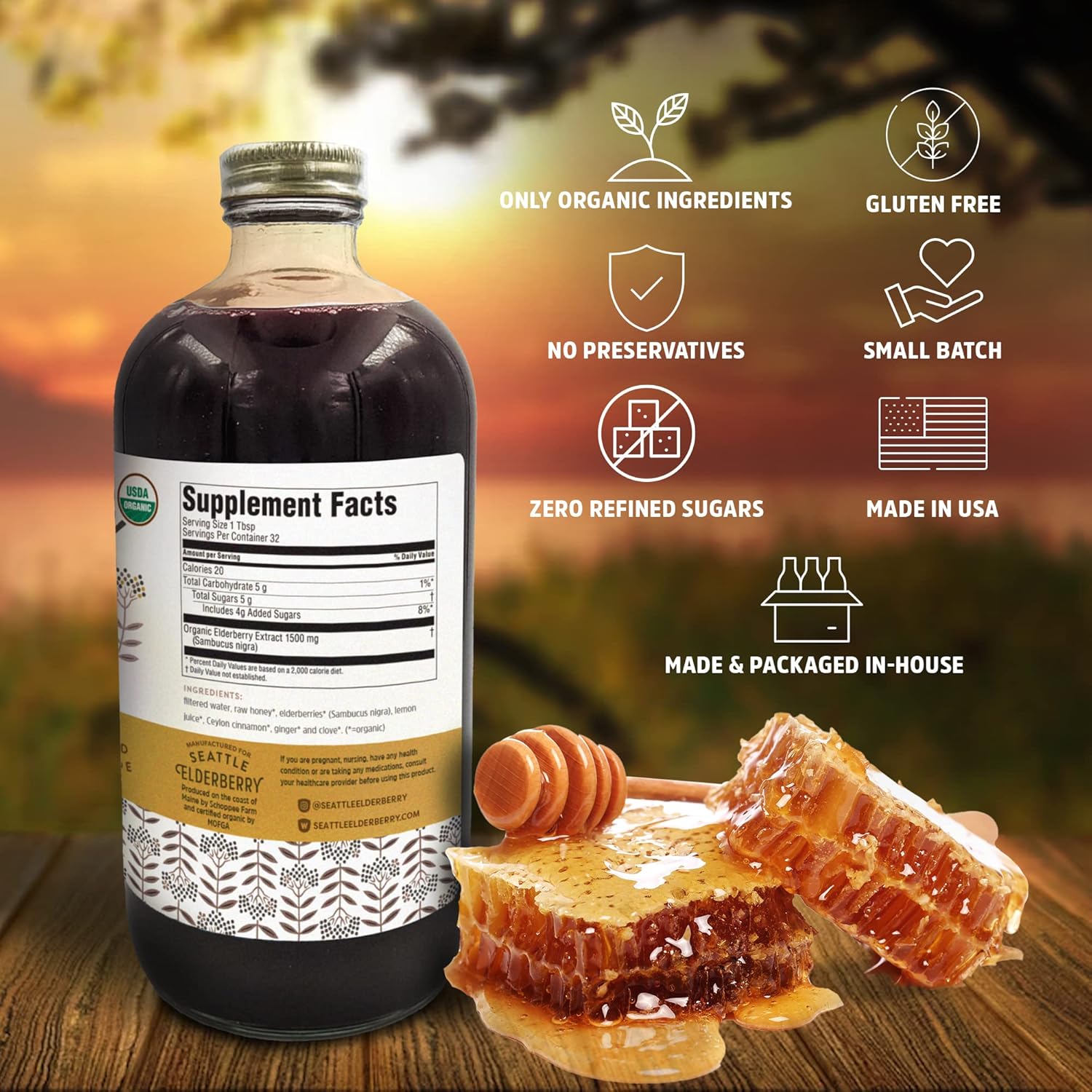 Organic Seattle Elderberry Syrup with Raw Honey - Gluten-Free Immune-Boosting Herbal Supplement - Small Batch USA-Made - 16oz