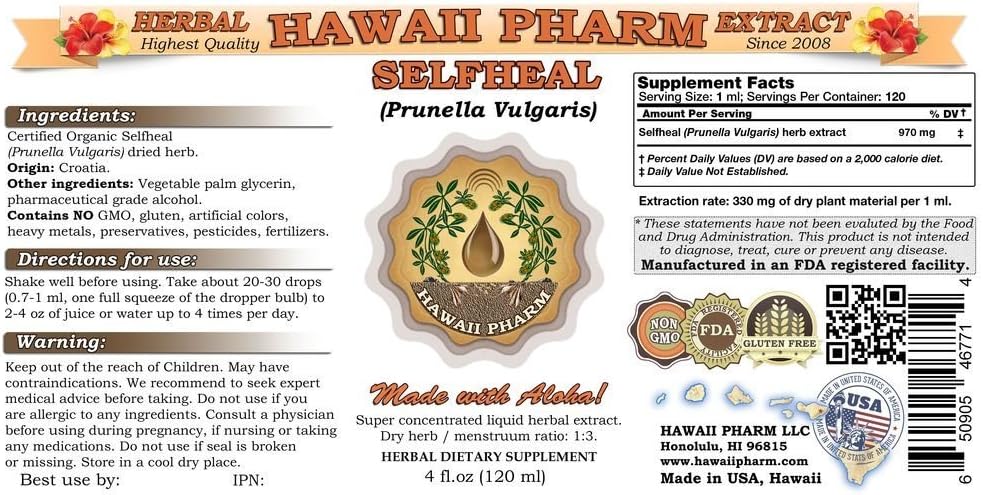 Organic Selfheal Liquid Extract Tincture - Herbal Supplement by Hawaii Pharm - Made in USA - 4 fl.oz