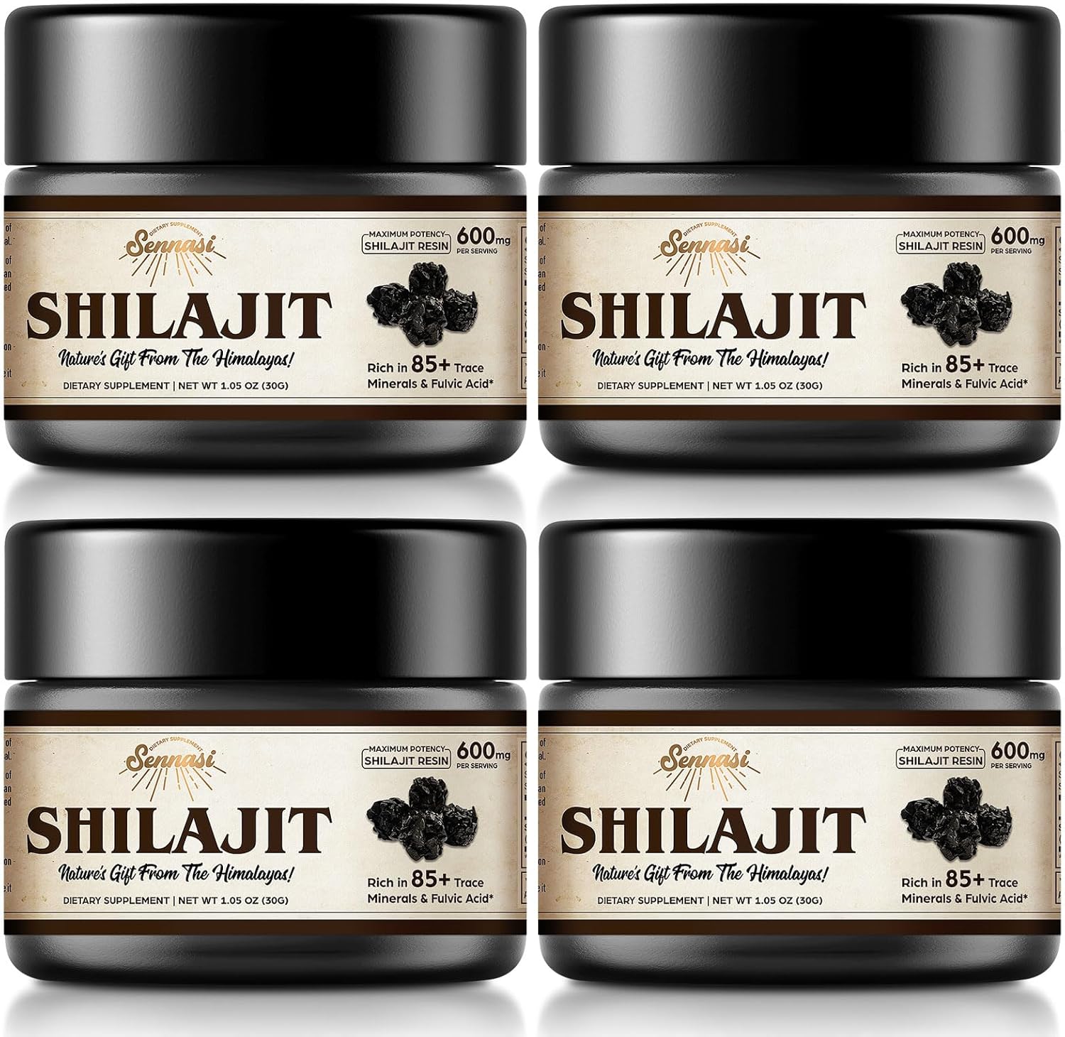 Organic Sennasi Shilajit Resin 600mg - 85+ Trace Minerals & Fulvic Acid for Energy & Immune Support - 30g (4 Pack)