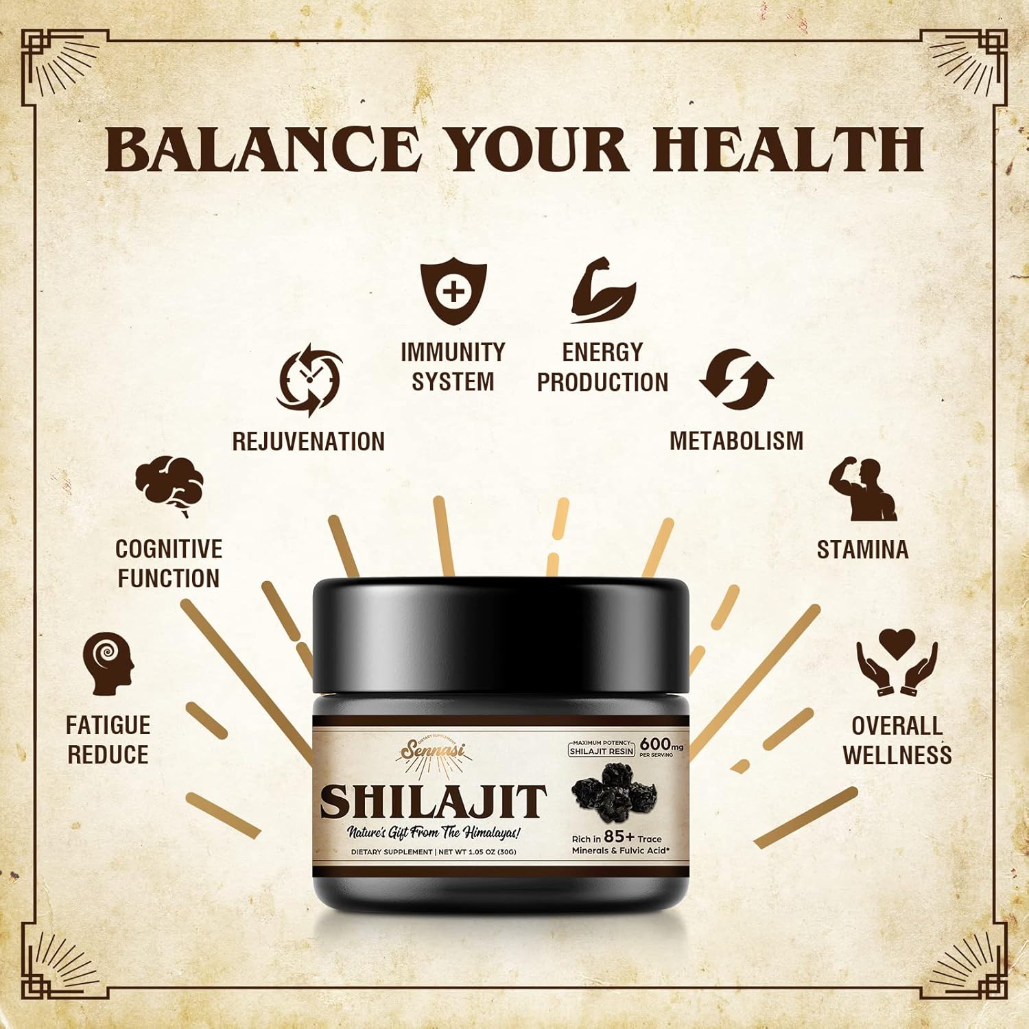 Organic Sennasi Shilajit Resin 600mg - 85+ Trace Minerals & Fulvic Acid for Energy & Immune Support - 30g (4 Pack)