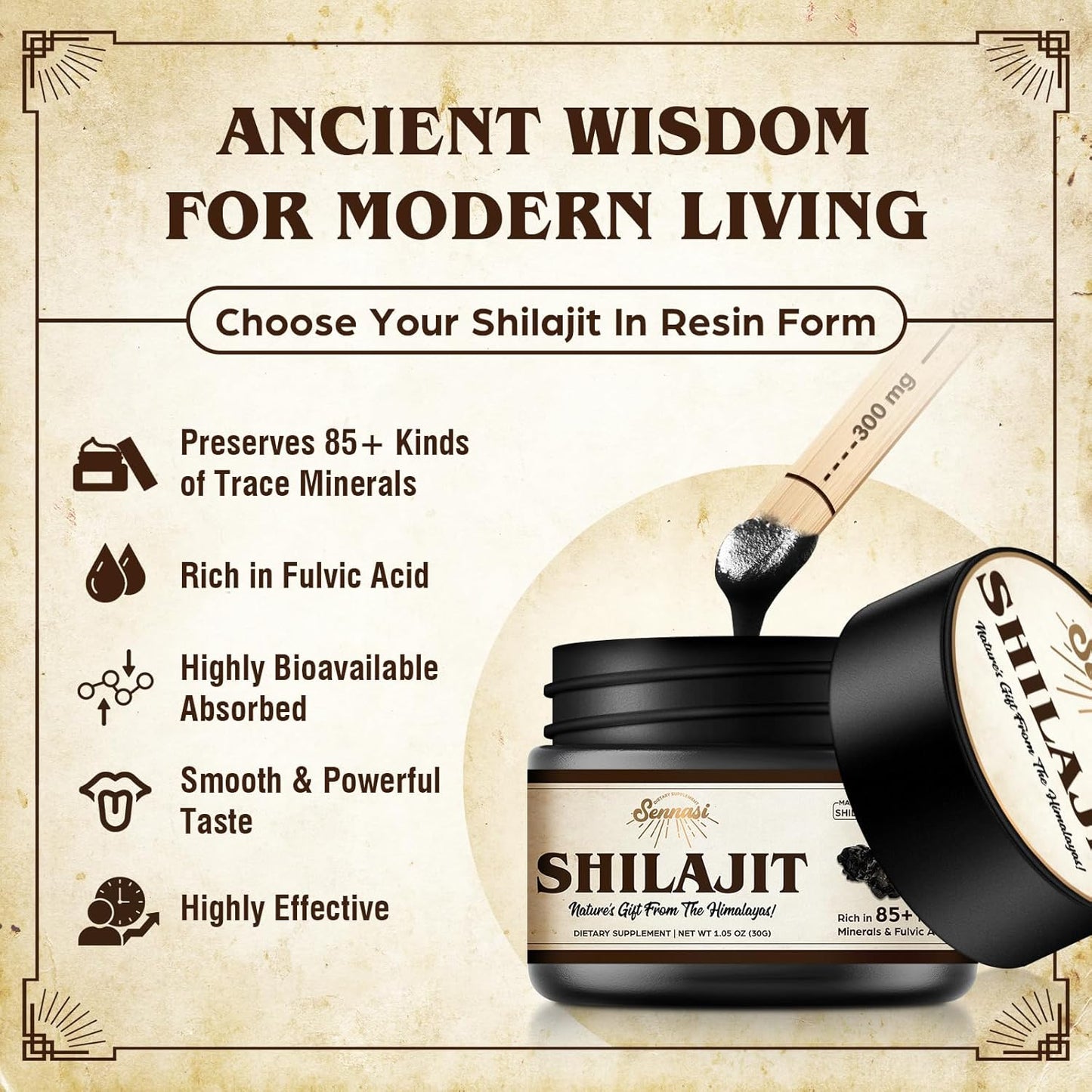 Organic Sennasi Shilajit Resin 600mg - 85+ Trace Minerals & Fulvic Acid for Energy & Immune Support - 30g (4 Pack)