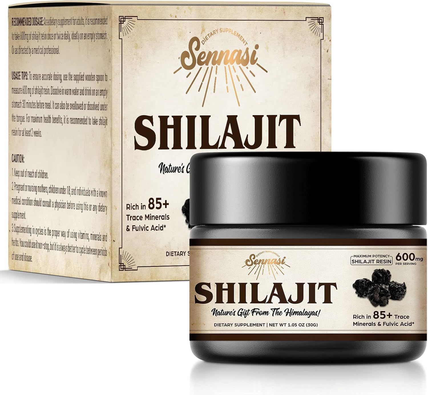 Organic Sennasi Shilajit Resin 600mg - 85+ Trace Minerals & Fulvic Acid for Energy & Immune Support - 30g (4 Pack)