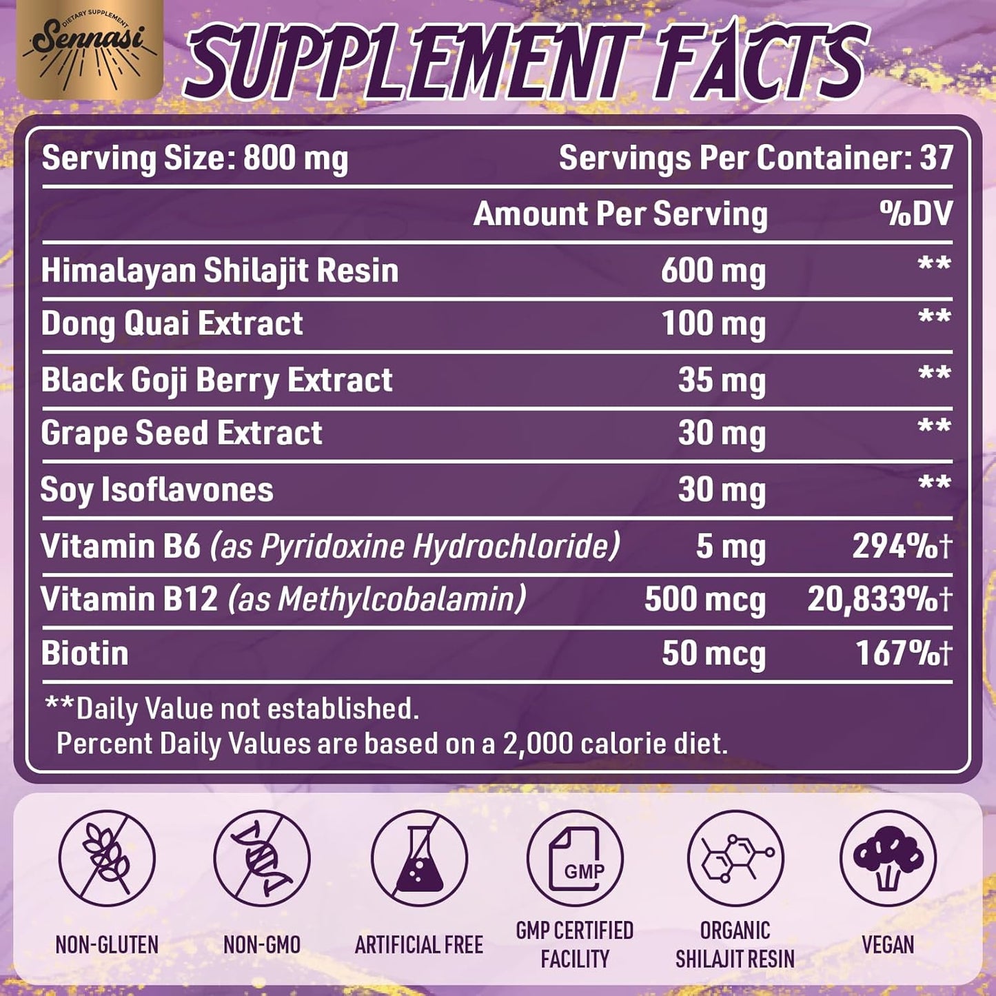 Organic Sennasi Shilajit Resin 800mg - Maximum Potency Gold Grade Supplement with 8-in-1 Natural Blend & 85+ Trace Minerals for Women's Energy & Immunity - 30g