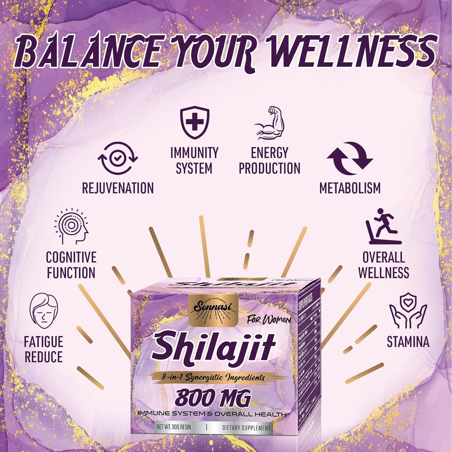 Organic Sennasi Shilajit Resin 800mg - Maximum Potency Gold Grade Supplement with 8-in-1 Natural Blend & 85+ Trace Minerals for Women's Energy & Immunity - 30g