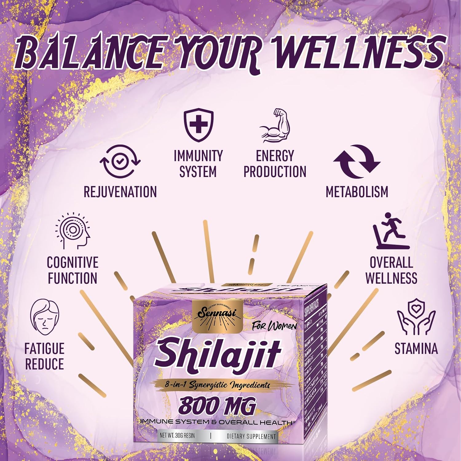 Organic Sennasi Shilajit Resin 800mg - Maximum Potency Gold Grade Supplement with 8-in-1 Natural Blend & 85+ Trace Minerals for Women's Energy & Immunity - 30g