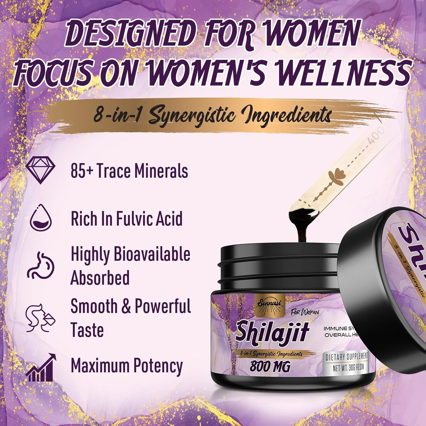 Organic Sennasi Shilajit Resin 800mg - Maximum Potency Gold Grade Supplement with 8-in-1 Natural Blend & 85+ Trace Minerals for Women's Energy & Immunity - 30g