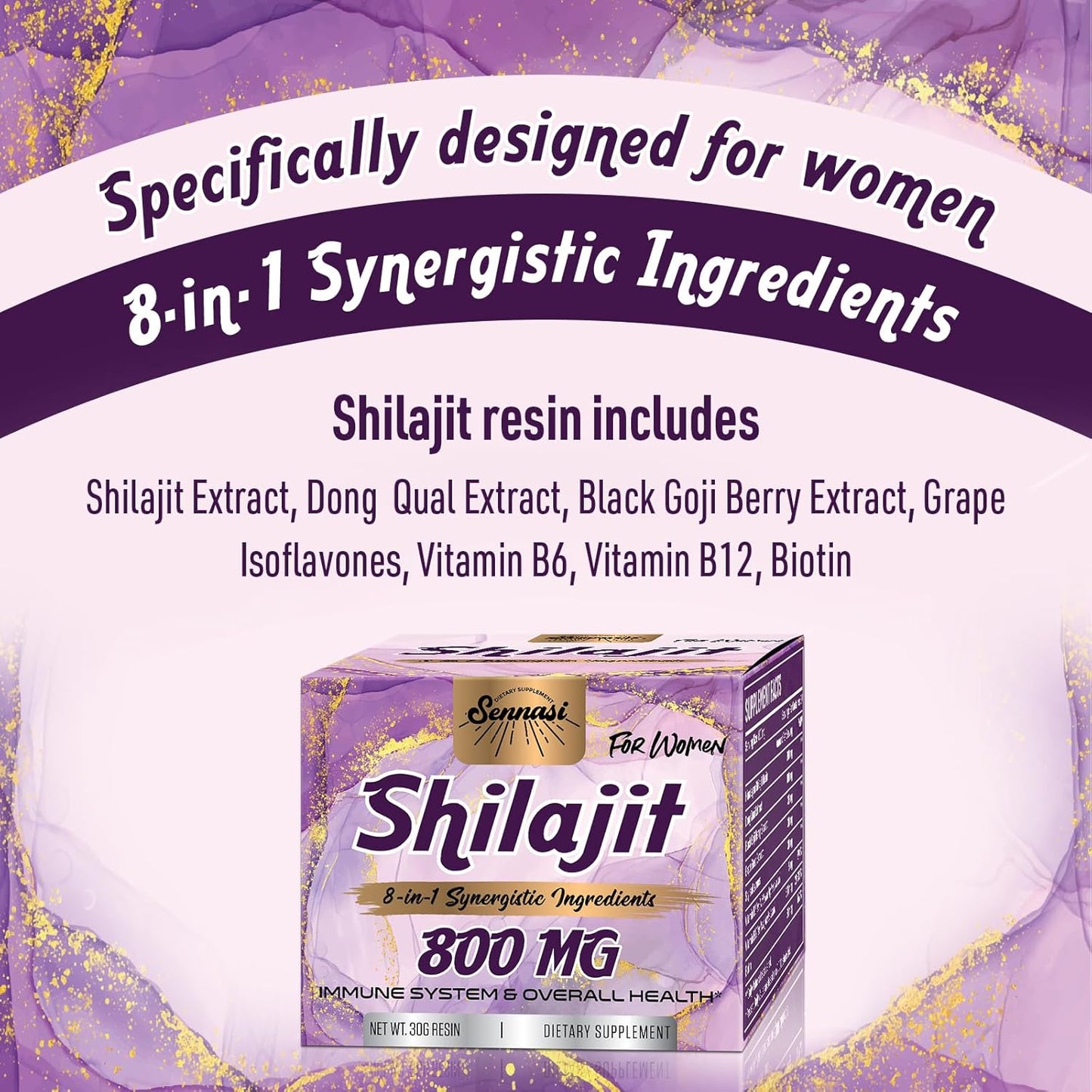 Organic Sennasi Shilajit Resin 800mg - Maximum Potency Gold Grade Supplement with 8-in-1 Natural Blend & 85+ Trace Minerals for Women's Energy & Immunity - 30g